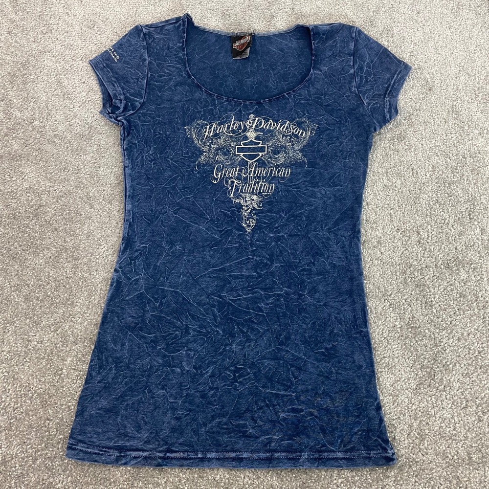 Harley Davidson T-Shirt Womens Large Y2K Acid Wash Graphic Biker Denver Blue